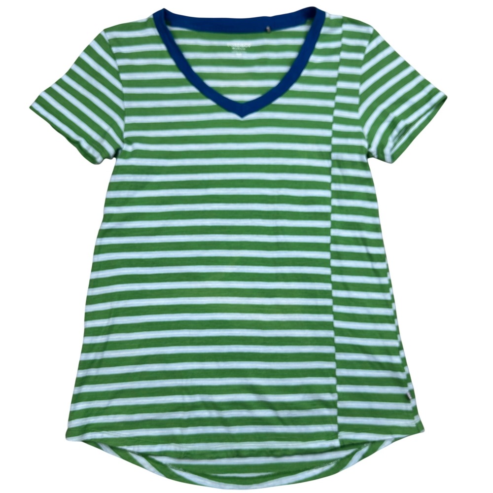 Toad&Co Womens Medium Green Striped Organic Cotton V-Neck Short Sleeve T-Shirt